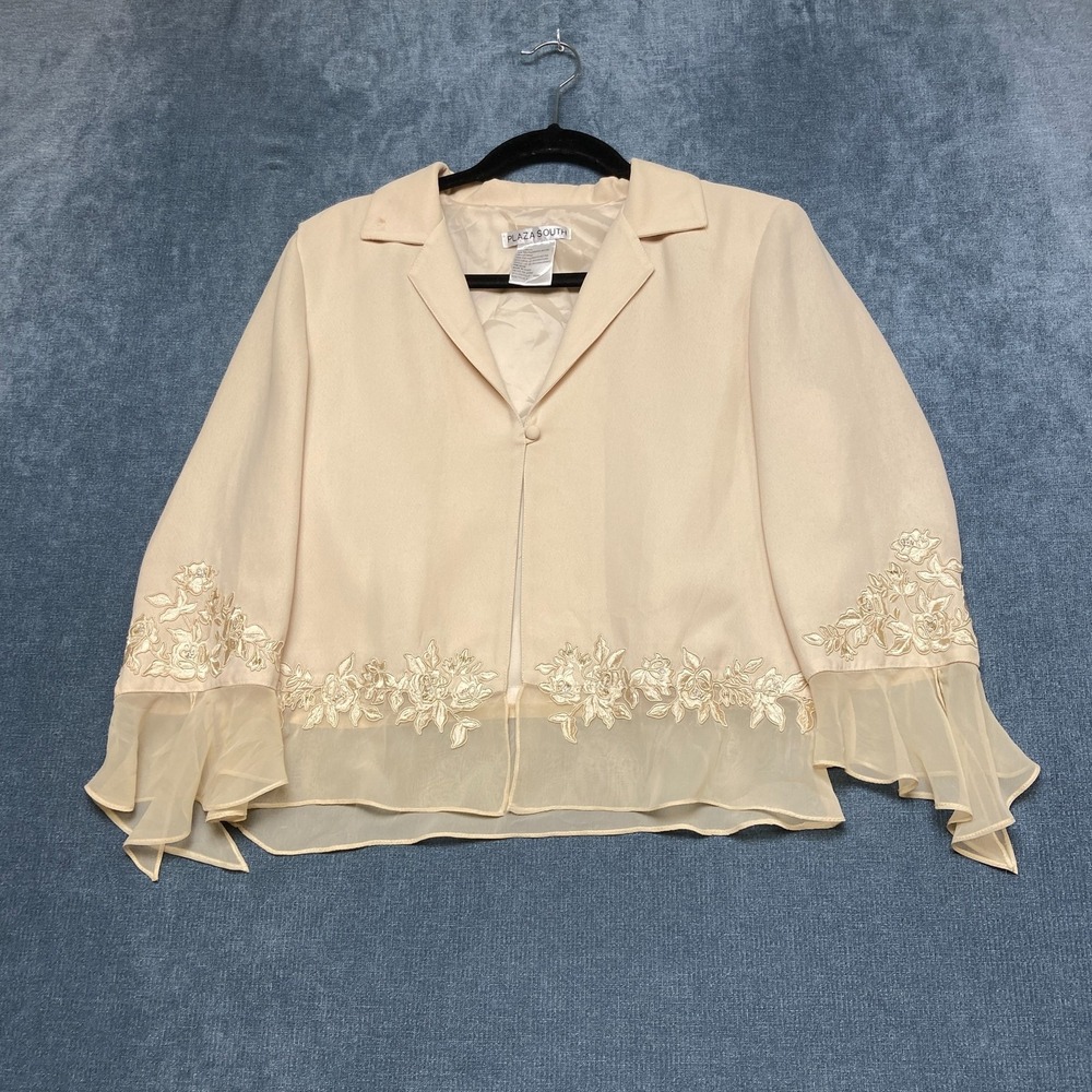 Plaza South Blazer Jacket Womens 8 Cream Floral Embroidery Chiffon Hem Party